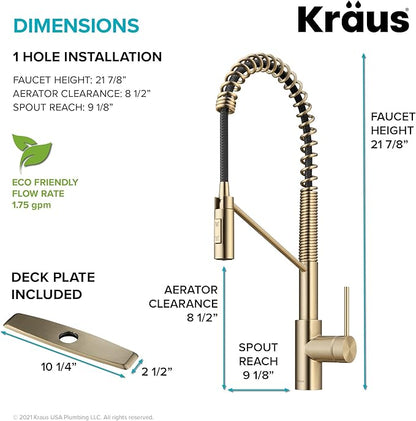KRAUS Oletto Commercial Style Single Handle Pull Down Kitchen Faucet with QuickDock Top Mount Installation Assembly in Spot Free Antique Champagne Bronze, KPF-2631SFACB