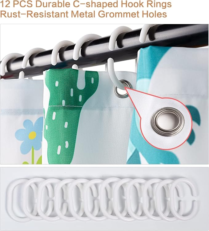 Shower Curtain Kids, Cartoon Dinosaur Shower Curtain Colorful Animals Plants for Boys Girls Polyester Fabric Waterproof Shower Curtain Sets Machine Washable Decor Bath Curtain