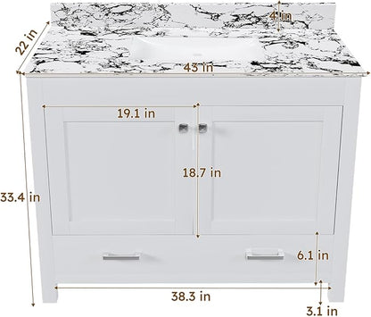 Montary 42" Bathroom Vanity with 43" Artificial Marble Black White Top, Modern Stylish MDF Bathroom Storage Cabinet, Vanity Set with 2 Doors and One Large Divided Drawer, White (Three Holes)