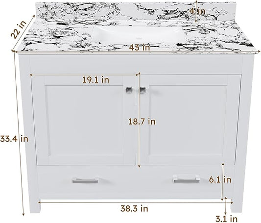 Montary 42" Bathroom Vanity with 43" Artificial Marble Black White Top, Modern Stylish MDF Bathroom Storage Cabinet, Vanity Set with 2 Doors and One Large Divided Drawer, White (Three Holes)