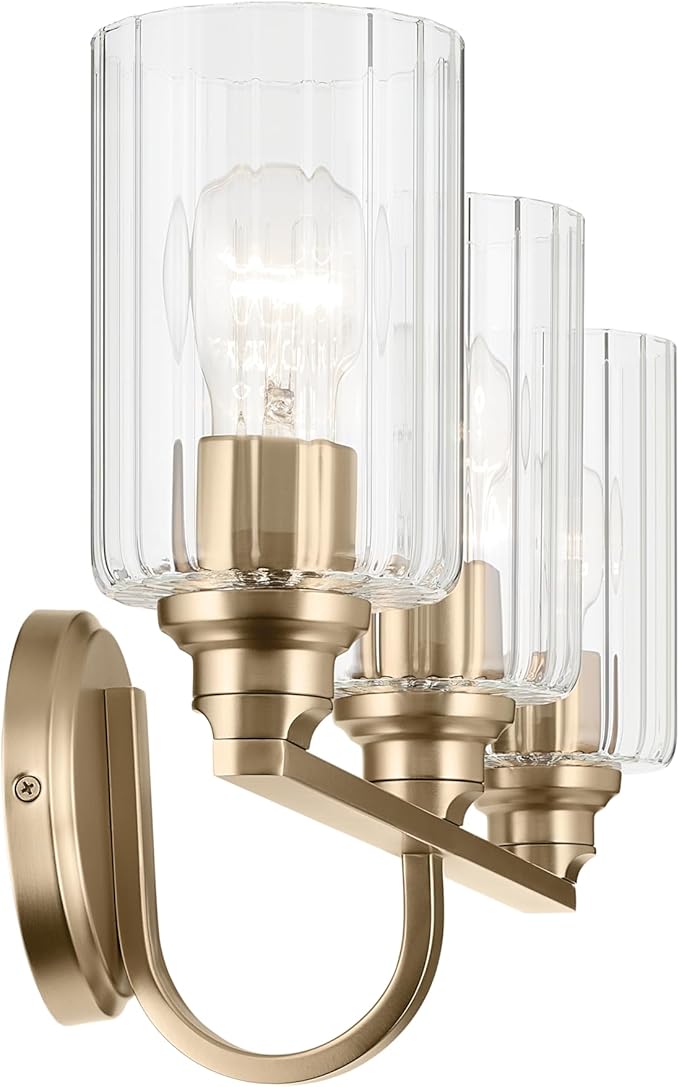 Kichler Gioe 24.25" 3-Light Vanity Light with Clear Fluted Glass in Champagne Bronze, Damp Rated, for Bathroom, Powder Room, Over a Mirror, (24.25" W x 10.5" H), 55226CPZFLU