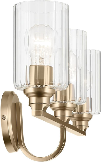 Kichler Gioe 24.25" 3-Light Vanity Light with Clear Fluted Glass in Champagne Bronze, Damp Rated, for Bathroom, Powder Room, Over a Mirror, (24.25" W x 10.5" H), 55226CPZFLU
