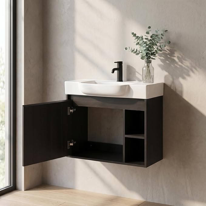 28" Bathroom Vanity with Sink, Wall-Mounted Cabinet, Dark Oak | Ceramic Sink, Soft-Close Door & 2 Open Storage Shelves, Modern Farmhouse Sink Cabinet, Easy to Clean for Small Bathroom