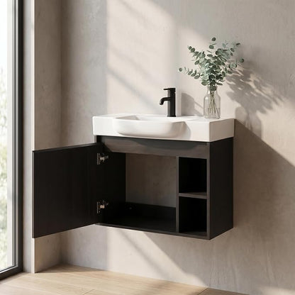 28" Bathroom Vanity with Sink, Wall-Mounted Cabinet, Dark Oak | Ceramic Sink, Soft-Close Door & 2 Open Storage Shelves, Modern Farmhouse Sink Cabinet, Easy to Clean for Small Bathroom