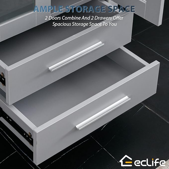 eclife 84" Modern Bathroom Vanity Sink Combo Freestanding Cabinet with Small Side Cabinet, White Square Ceramic Vessel Sink, Water Save Faucet, Drain (Gray+A07)