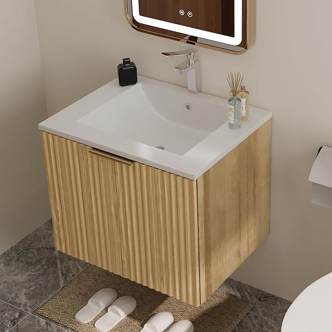 Modern Bathroom Vanity with Wavy Textured Doors - Wall Mounted Floating Cabinet, Soft-Close Waterproof Storage for Small Bathroom, Easy Install (Nature Without Sink, 24)
