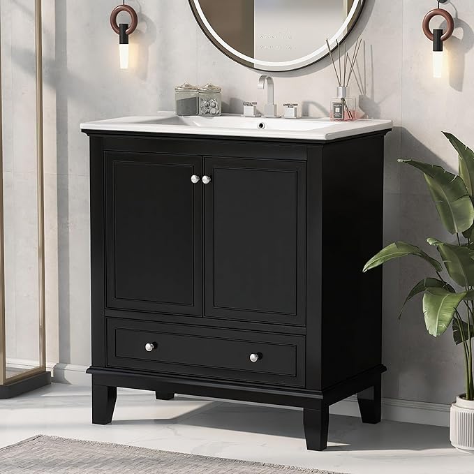 LUMISOL 30" Bathroom Vanity with Sink, Solid Wood Black Bathroom Vanity with Drawer and Storage Racks, Adjustable Shelf, Freestanding Bathroom Sink Cabinet with Ceramic Basin, Black