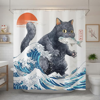 Accnicc Funny Black Cat Shower Curtain for Bathroom 72 X 72 Inch | Fun Cool Cat Monster Shower Curtains, Japanese Ocean Wave Kids Bath Curtain Decor, Water-Resistant Washable Polyester Fabric