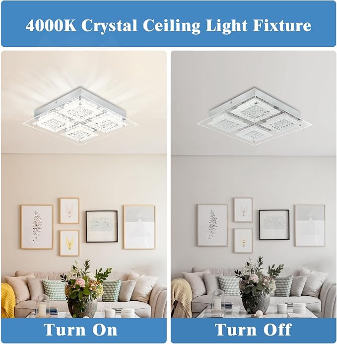 Hallway Light Fixture Crystal Flush Mount Ceiling Lights LED Square Bathroom Ceiling Light Dimmable 14 Inch 4000K Kitchen Ceiling Lighting Foyer Chrome Living Room Light