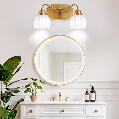 Vintage Gold Vanity Lights, 2 Light Milk White Tulip Crystal | Antique Brass Finish, Brushed Gold Bathroom Light Fixtures, Wall Sconce Ideal for Bedroom, E26 Compatible, Easy Install