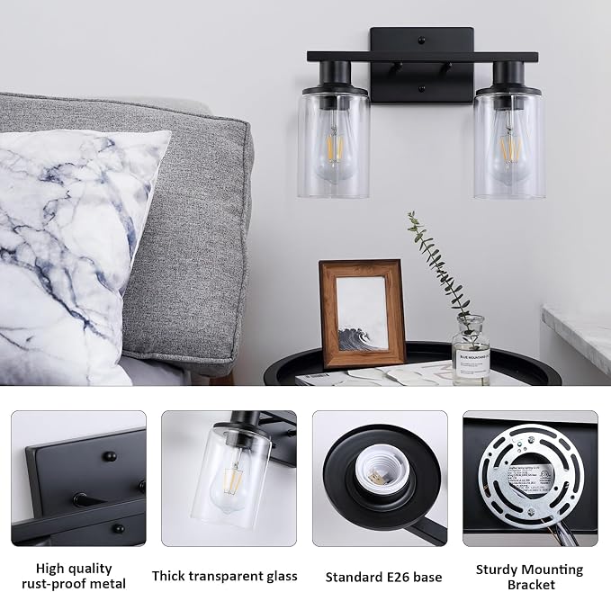 2-Light Matte Black Bathroom Vanity Light,Bathroom Light Fixtures Over Mirror with Clear Glass Shade,Modern Farmhouse Wall Sconces Lighting for Kitchen Living Room Cabinet