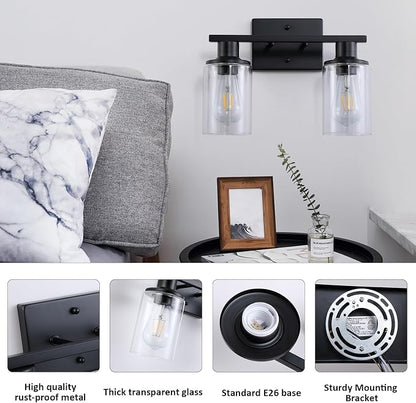 2-Light Matte Black Bathroom Vanity Light,Bathroom Light Fixtures Over Mirror with Clear Glass Shade,Modern Farmhouse Wall Sconces Lighting for Kitchen Living Room Cabinet