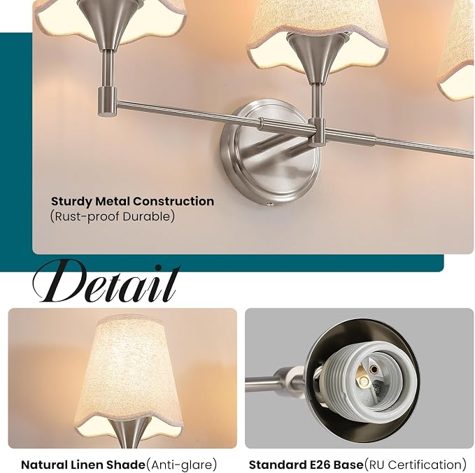 Brushed Nickel Bathroom Light Fixtures: Modern Bathroom Vanity Lights over Mirror with Flared Fabric Shade, Vanity Lighting Fixtures, 2 Light Wall Sconces Lighting for Bedroom Hallway Living Room