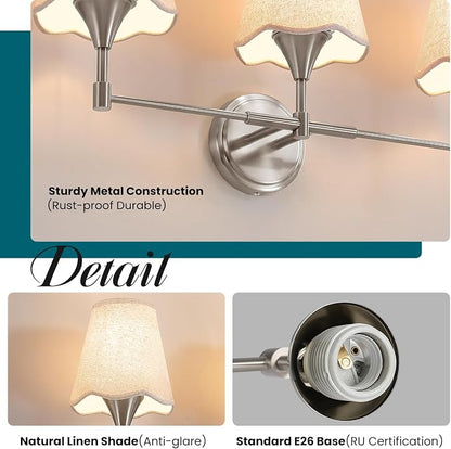 Brushed Nickel Bathroom Vanity Light: 3 Light Vanity Lighting Fixtures with Flared Fabric Shade, Modern Bathroom Lighting Fixtures over Mirror, Wall Sconce Lights for Bedroom Hallway Living Room
