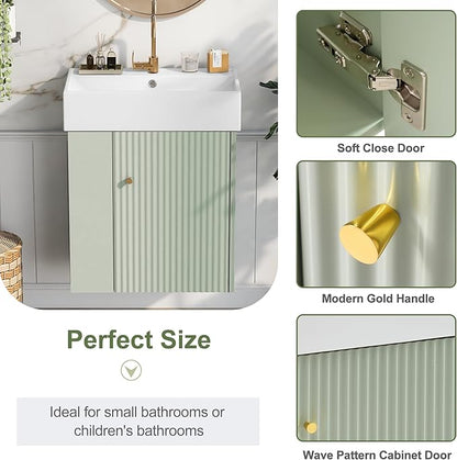 Merax 20" Green Bathroom Vanity, Wall Mounted Floating Vanity with Doors & Open Shelf, Bathroom Storage Cabinet with White Ceramic Integrated Sink