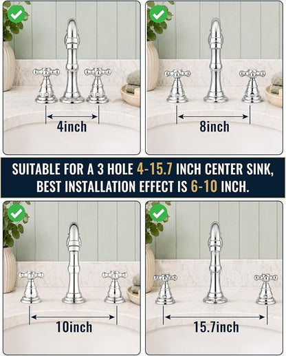gotonovo Bathroom Faucet 3 Hole Vintage, Polish Chrome, Script Font Label | Widespread Bathroom Sink Faucet 8 Inch 2 Cross Handles,Pop Up Drain,cUPC Supply Line,4-15.7” Install,for Vanity Farmhouse RV