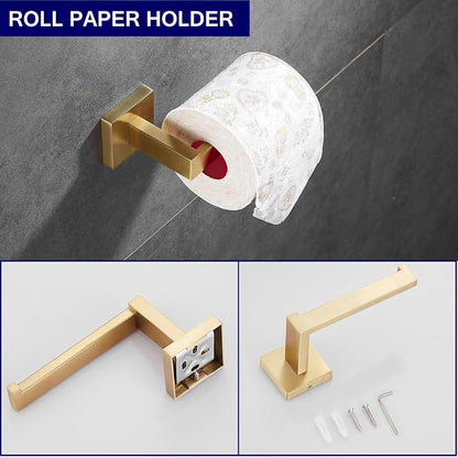 Bathroom Hardware Set 24-Inch Towel Bar,2pcs Towel Hook,Toilet Paper Holder,Hand Towel Holder Stainless Steel Brushed Gold Bathroom Accessories GTS3190BG | SUS304 Stainless Steel,finished by Brushed Gold