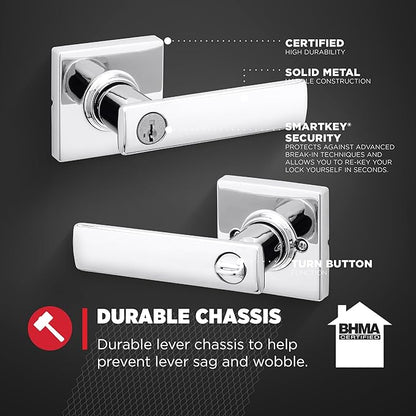 Kwikset Breton Entry Door Handle with Lock and Key, Secure Keyed Reversible Lever Exterior, Doorlock, For Front Entrance and Bedrooms, Polished Chrome , Pick Resistant Smartkey Rekey Security