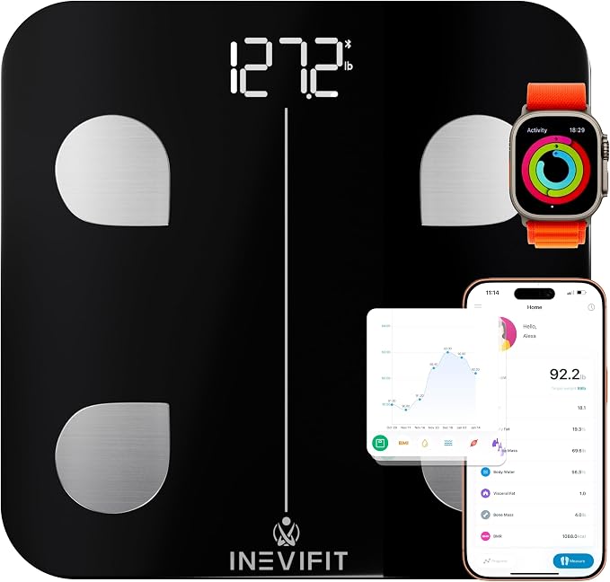 INEVIFIT Smart Body Fat Scale, Highly Accurate Bluetooth Digital Bathroom Body Composition Analyzer, Measures Weight, Body Fat, Water, Muscle, Visceral Fat & Bone Mass for Unlimited Users