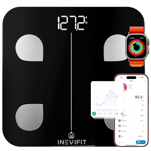 INEVIFIT Smart Body Fat Scale, Highly Accurate Bluetooth Digital Bathroom Body Composition Analyzer, Measures Weight, Body Fat, Water, Muscle, Visceral Fat & Bone Mass for Unlimited Users (Black)