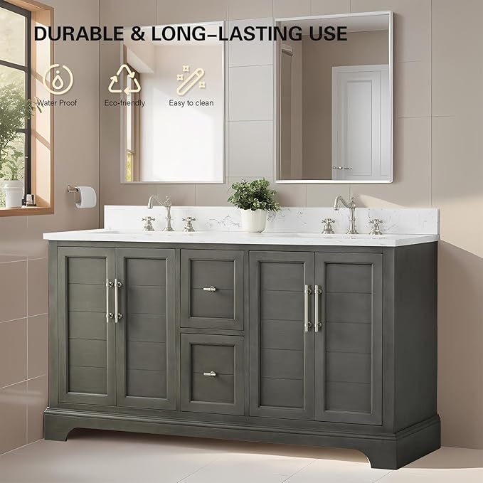 HOMEBEYOND 60 Inch Bathroom Vanity with Double Sink & Ceramic Top, Vanity Cabinet with Center Countertop Basin, Soft-Closing Doors, Backsplash,Sliver Grey
