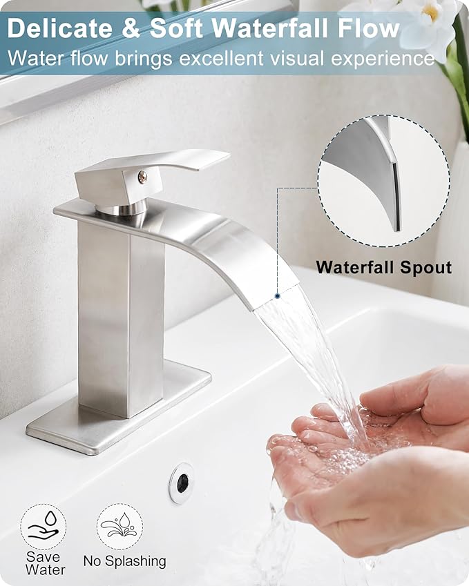 Brushed Nickel Bathroom Faucet Single Handle, Brass Waterfall Bathroom Sink Faucet 1 Hole or 4 Inch 3 Hole Bathroom Faucets with Deck Plate & Pop-up Drain Supply Hose for Lavatory No Splashing