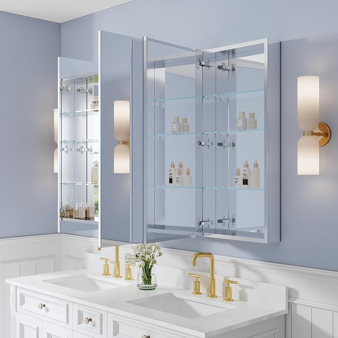 56" x 36" Bathroom Medicine Cabinet with Mirror, Anodized Chrome Aluminum Frame, Surface Mount or Recessed Medicine Cabinet with Mirror, Bathroom Mirror with Storage, Three Doors