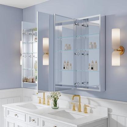 56" x 36" Bathroom Medicine Cabinet with Mirror, Anodized Chrome Aluminum Frame, Surface Mount or Recessed Medicine Cabinet with Mirror, Bathroom Mirror with Storage, Three Doors