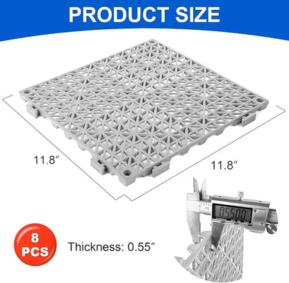 Modular Interlocking Cushion 8 Pack 11.8" x 11.8" Rubber Floor Tiles Non-Slip Splicing Drainage Mats for Deck, Gray