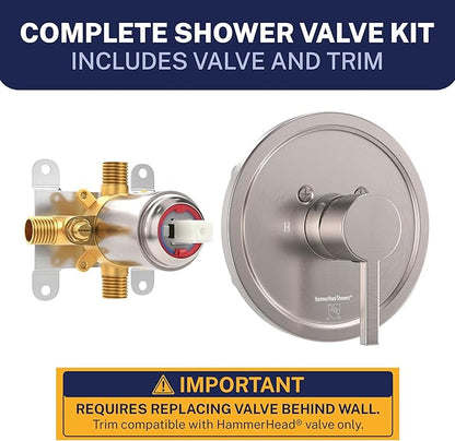 HammerHead Showers Solid Metal Single-Handle Trim Kit with Rough-In Shower Valve, Volume and Temperature Control, Pressure Balance, Brushed Nickel
