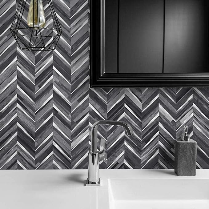 DICOFUN 10-Sheet Herringbone Peel and Stick Backsplash for Kitchen, Black & Grey Wood Look PVC Mixed Metal Chevron Stick on Backsplash Wall Tiles