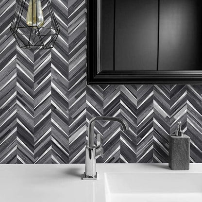 DICOFUN 10-Sheet Herringbone Peel and Stick Backsplash for Kitchen, Black & Grey Wood Look PVC Mixed Metal Chevron Stick on Backsplash Wall Tiles