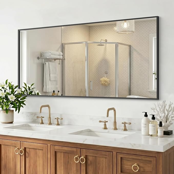 Bathroom Mirror for Wall, 55"x30" Black Vanity Mirror | Sturdy Rectangular Metal Frame, HD Tempered Glass, Hangs Horizontally or Vertically in Bedroom, Living Room, Entryway
