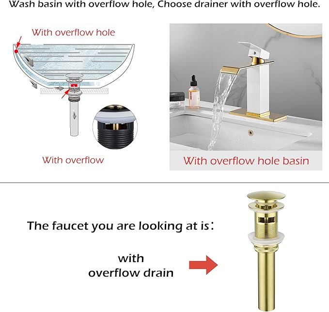 Bathroom Faucet Gold Spout Waterfall White Body Single Hole 1 Handle Bathroom Vanity Sink Faucet with Deck Plate and Pop Up Drain Stopper Overflow Brass Basin Mix Tap Deck Mount
