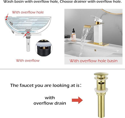 Bathroom Faucet Gold Spout Waterfall White Body Single Hole 1 Handle Bathroom Vanity Sink Faucet with Deck Plate and Pop Up Drain Stopper Overflow Brass Basin Mix Tap Deck Mount