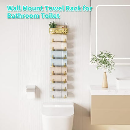 HapiRm Towel Racks for Bathroom Storage - 9 Tier Over The Door & Wall Mount Rolled Towel Storage Organizer Holder with Metal Shelf Basket for Small Bathroom, Camper, Rv - Gold, Patented