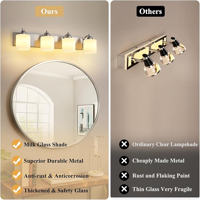 Mecgirn Stainless Steel Milk Glass Bathroom Vanity Light Over Mirror, 4 Light Brushed Nickel Bathroom Light Fixtures with Frosted Glass, Modern Vanity Lighting Wall Mount
