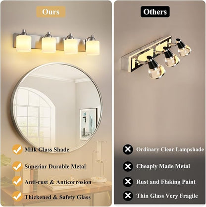Mecgirn Stainless Steel Milk Glass Bathroom Vanity Light Over Mirror, 4 Light Brushed Nickel Bathroom Light Fixtures with Frosted Glass, Modern Vanity Lighting Wall Mount