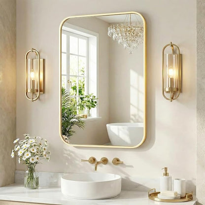 Sweetcrispy Bathroom Wall Mirror, Vanity Mirrors for Over Sink, 30x40 Inch | Rounded Rectangle Matte Metal Frame, Over Sink Home Decor, Living Room Bedroom Hang, Gold
