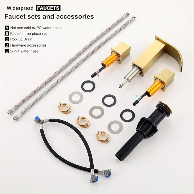 Bathroom Faucets 3 Hole, Brushed Gold 8 inch Widespread Bathroom Sink Faucet, Modern Square Metal 2 Handles Waterfall Bathroom Vanity Faucet 3 Hole with Pop Up Drain, Gold Faucets