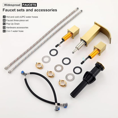 Bathroom Faucets 3 Hole, Brushed Gold 8 inch Widespread Bathroom Sink Faucet, Modern Square Metal 2 Handles Waterfall Bathroom Vanity Faucet 3 Hole with Pop Up Drain, Gold Faucets