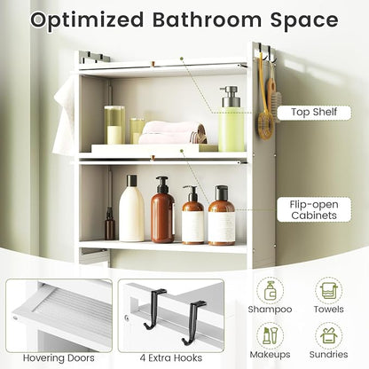 BECOMFORT Over The Toilet Storage Cabinet, Above Toilet Bathroom Shelf with Flip-up PC Doors, Metal Stand & 4 Hooks, Freestanding Space Saver, Over Toilet Bathroom Organizer for Laundry Room (White)