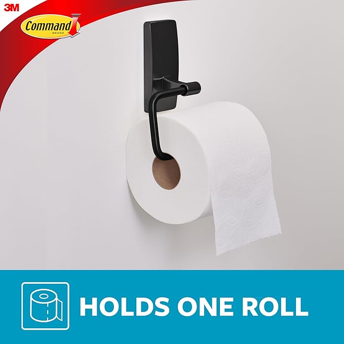 Command Toilet Paper Holder Matte Black with Water Resistant Command Strips, Rust Resistant Bathroom Organizer