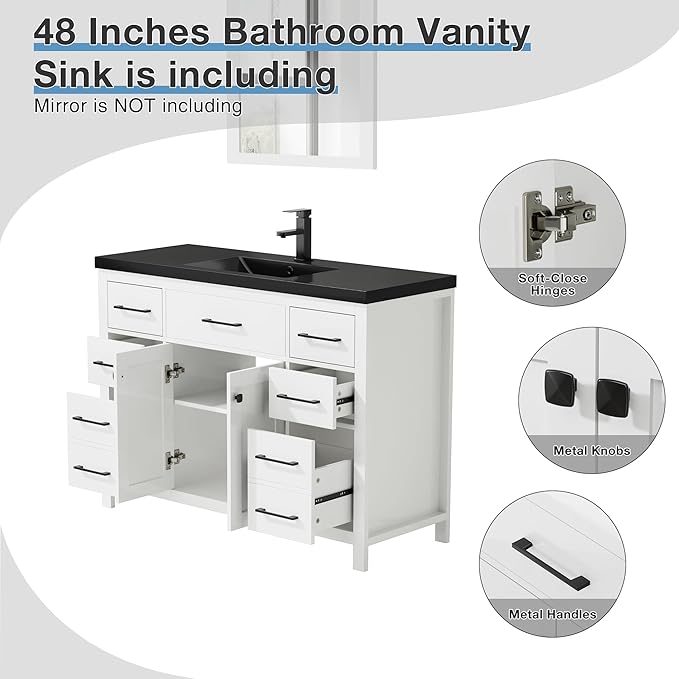 LUCKWIND 48" Modern Bathroom Vanity and Black Sink, Painted Bathroom Storage Cabinet with Single Resin Black Sink, Two Doors and Four Drawers, Include Faucet Without Mirror, White