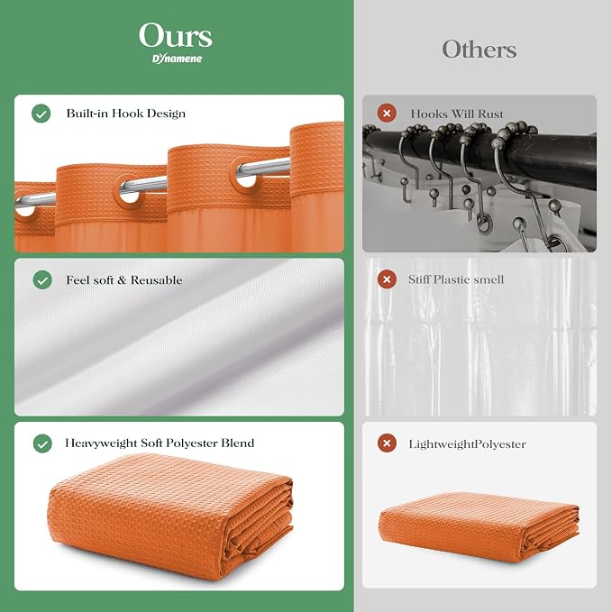 Burnt Orange Hook Free Waffle Shower Curtain & Snap-in Liner,72x75 | Less Time to install, 3 in 1 Fabric Shower Curtain and Liner Set with Magnets, Mesh Top Window, Shower Curtains for Bathroom
