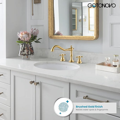 gotonovo 3 Hole Widespread Bathroom Sink Faucet Double Cross Handle Mixer Tap Faucet for Bathroom Sink Vanity Faucet Deck Mount Basin Hot Cold Water Matching Pop Up Drain Brushed Gold