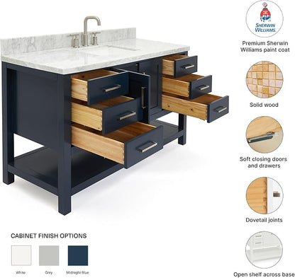DKB Olivia 54-Inch Midnight Blue Bathroom Vanity with Sink, 1.5-Inch Italian Carrara Marble Countertop & Backsplash, Rectangular Sink, 2 Soft-Closing Doors, 6 Dovetail Drawers, Brushed Nickel