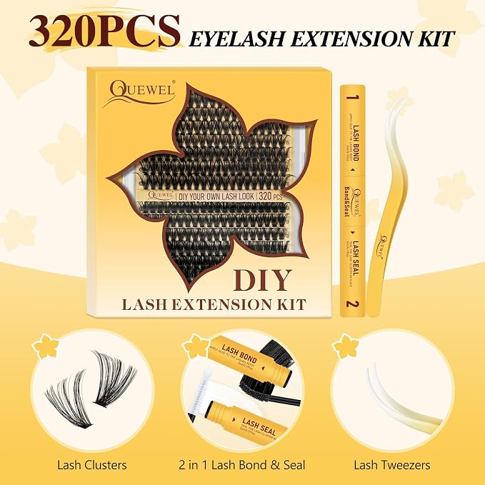 QUEWEL Lash Clusters Kit, 320Pcs 60D+80D Lash Cluster Eyelash Extensions | Mix 12-18mm 3D Eyelash Clusters with Lash Bond and Seal and Lash Tweezer Easily Create 3D Lashes Clusters at Home(60+80D Kit)