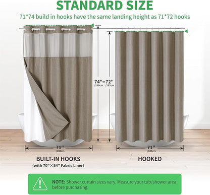 eachope No Hook Fabric Shower Curtain with Snap-in Liner,71x74 Khaki/Tan | Linen Texture,230GSM Thick Fabric,Hotel Luxury Decor,Mesh Window,Bottom magnetic ,Waterproof & Machine Washable,for Bathroom