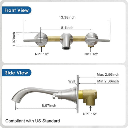 Brass Wall Mount Tub Filler, High Flow 8" Spout Reach Brushed Nickel Bathtub Faucet, 2 Handles Tub Faucets, Rough in Valve Included